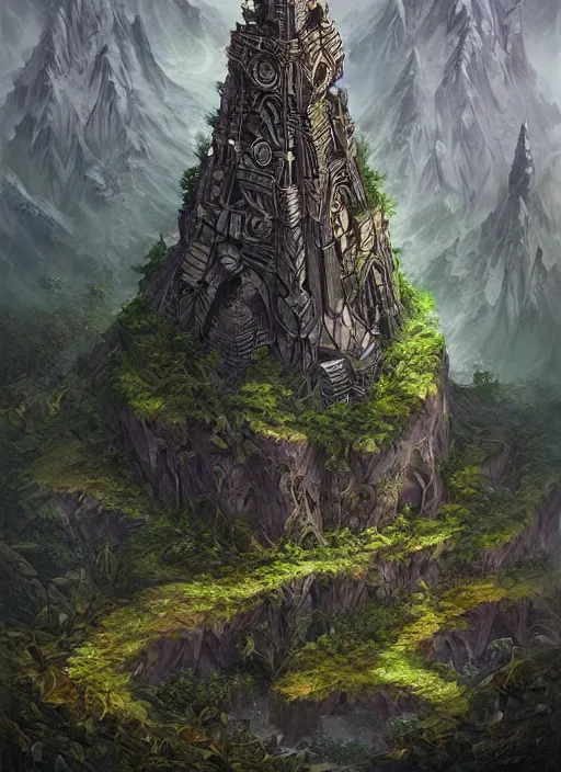 Prompt: an ancient obsidian cubic tower rising from a dense forest landscape, fantasy, digital painting, stunning, intricate, highly detailed, artwork by ross tran, artgerm
