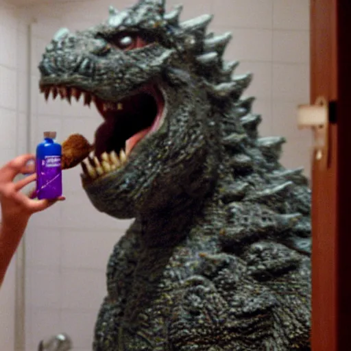 Image similar to godzilla brushing his teeth in the bathroom, electric toothbrush, crest toothpaste