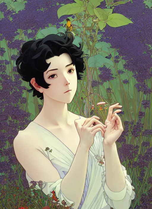 Prompt: pretty young man with short black hair, male, half body shot, path traced, highly detailed, high quality, digital painting, by studio ghibli and alphonse mucha, leesha hannigan, hidari, art nouveau, chiho aoshima, posuka demizu