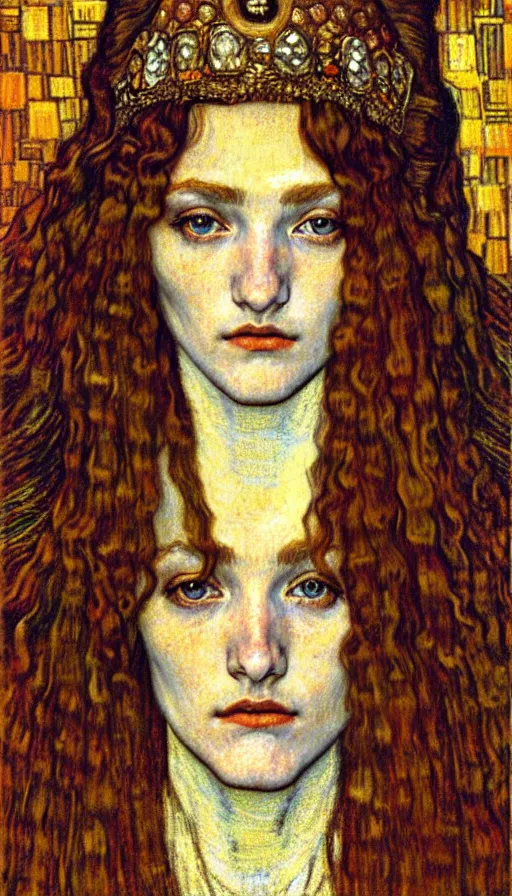 Image similar to detailed realistic beautiful young medieval queen face portrait by jean delville, gustav klimt and vincent van gogh, art nouveau, symbolist, visionary, gothic, pre - raphaelite, muted earthy colors, desaturated