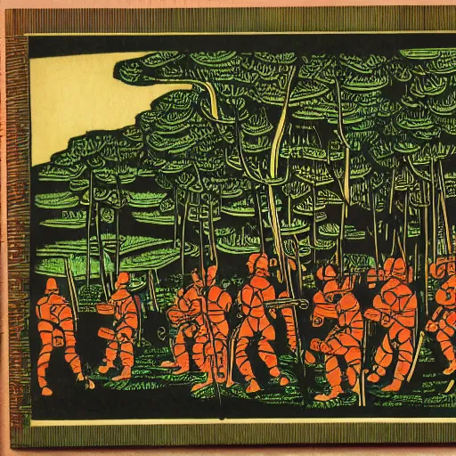 Image similar to colored woodblock print, space marines, lush pastoral woodland scene