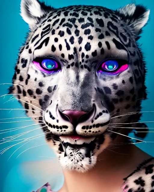 Prompt: natural light, soft focus portrait of a cyberpunk anthropomorphic snow leopard with soft synthetic pink skin, blue bioluminescent plastics, smooth shiny metal, elaborate ornate head piece, piercings, skin textures, by annie leibovitz, paul lehr