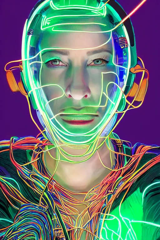 Image similar to cate blanchett with cyber headgear surrounded by wires, neon colors, oil on canvas, strong lighting, by Josan Gonzalez, HD, 4K