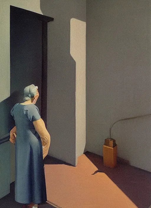 Image similar to orthographic old woman with a cane with hysterical facial expression at the art deco hospital painting by Edward Hopper and James Gilleard, Zdzislaw Beksinski highly detailed