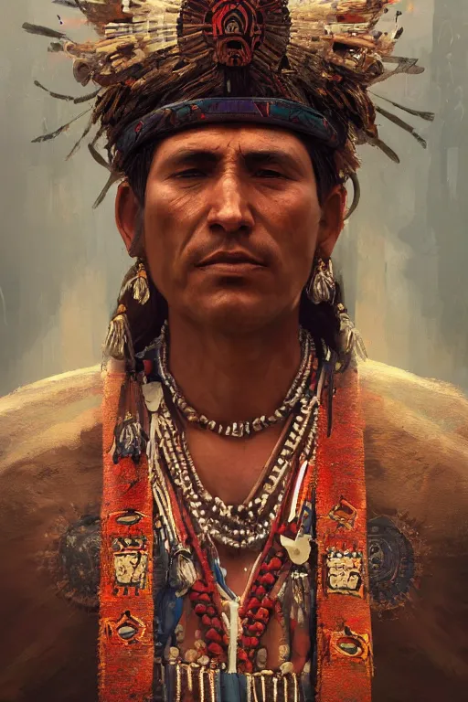 Image similar to aztec priest, close - up portrait, devoted, intricate, elegant, volumetric lighting, scenery, digital painting, highly detailed, artstation, sharp focus, illustration, concept art, ruan jia, steve mccurry