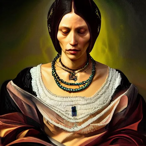 Image similar to portrait, headshot, digital painting, of Mother Ayahuascaa as a 17th century, beautiful female Royal, dark hair, amber jewels, baroque, ornate clothing, scifi, futuristic, realistic, hyperdetailed, chiaroscuro, concept art, art by caravaggio