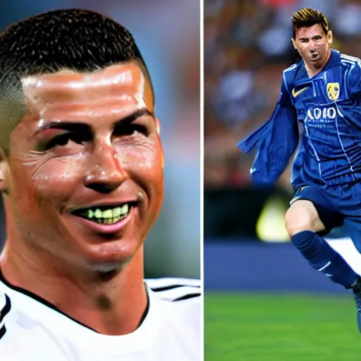 Image similar to a mix between ronaldo and messi, an ultimate soccer player, messaldo