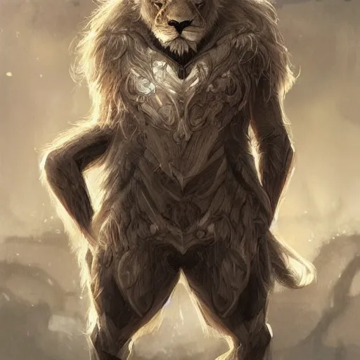 Image similar to Anthropomorphic Lion wearing nano technology by rossdraws,greg rutkowski,and Sarah Andersen,ambient style, very detailed,detailed suit,detailed