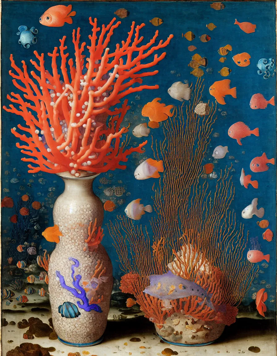 Image similar to bottle vase of coral under the sea decorated with a dense field of stylized scrolls that have opaque outlines enclosing mottled blue washes, with purple shells and blue fishes, Ambrosius Bosschaert the Elder, oil on canvas, around the edges there are no objects