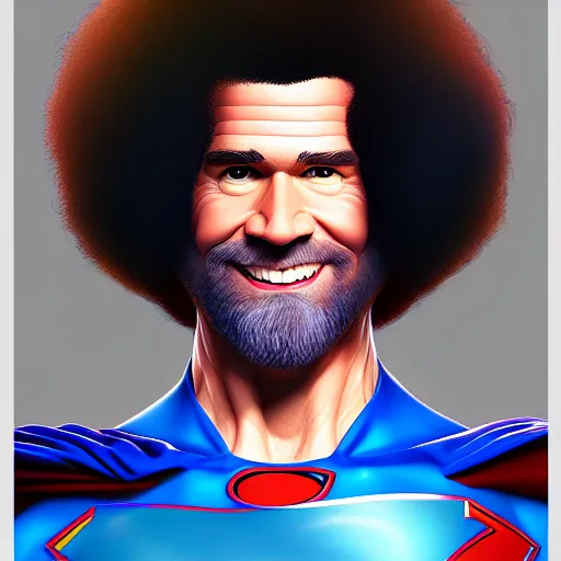 Image similar to award winning commission portrait of bob ross as superman,digital art,hyperdetailed,detailed face,ross tran,character design by charles bowater,deviantart,artstation,photorealistic,4k