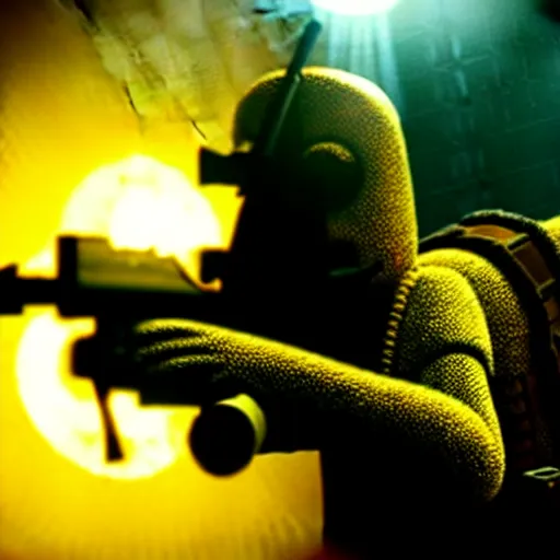 Image similar to high detail movie still of ultra realistic spongebob squarepants shooting an ak - 4 7 machine gun with muzzle flash, cinematic framing rule of thirds, cinematic light, hard shadows, in the style of the movie lone survivor,