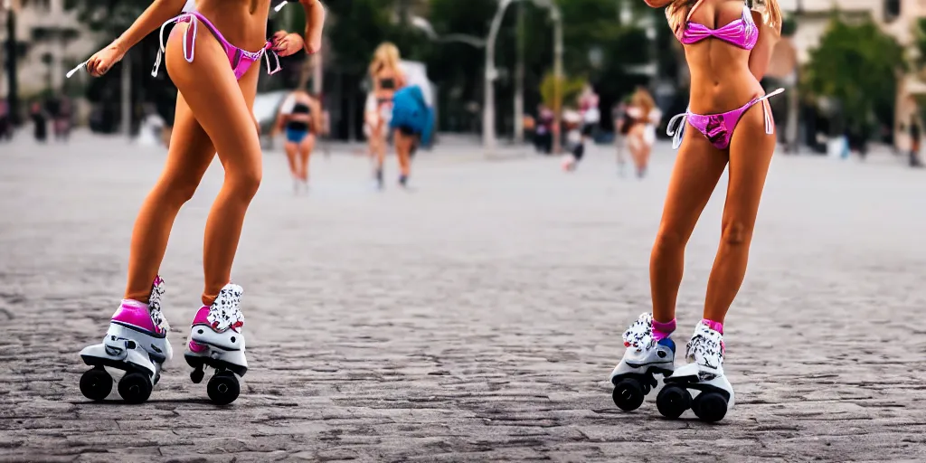 Prompt: lovely detailed face of blonde bikini model rollerblading on the streets and having fun, sharp eyes, smile, portrait, close - up face