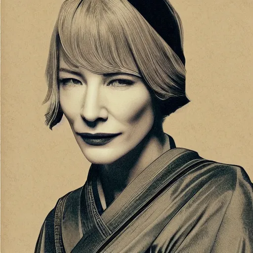 Image similar to portrait of cate blanchett ,japanese wood print