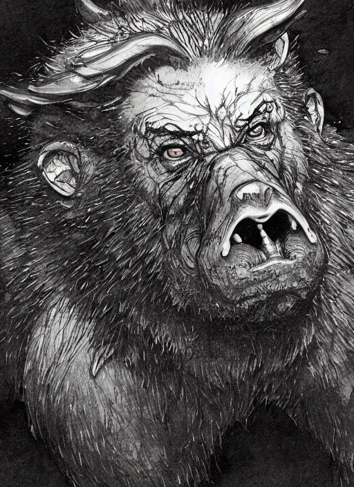 Image similar to portrait, ManBearPig, watercolor, dramatic lighting, cinematic, establishing shot, extremely high detail, foto realistic, cinematic lighting, pen and ink, intricate line drawings, by Yoshitaka Amano, Ruan Jia, Kentaro Miura, Artgerm, post processed, concept art, artstation, matte painting, style by eddie mendoza, raphael lacoste, alex ross