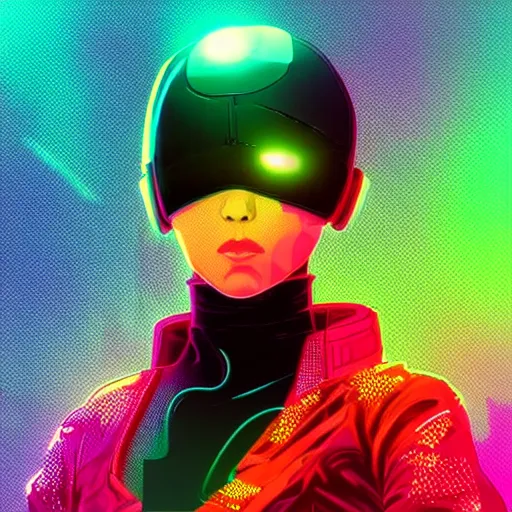 Image similar to “ a highly detailed full body portrait of a cyborg ninja by ilya kuvshinov in synthwave style with a cyberpunk colorful background with brokeh effect ”