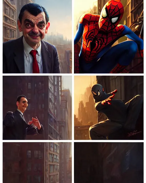 Image similar to mr bean ss spiderman, fine details, realistic shaded lighting poster by greg rutkowski, magali villeneuve, artgerm, jeremy lipkin and michael garmash and rob rey