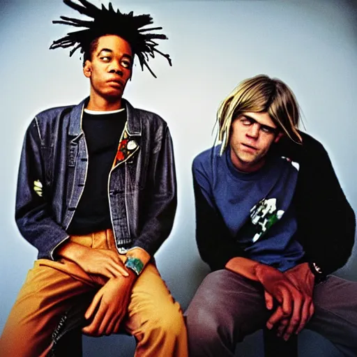 Image similar to medium format photo of basquiat and kurt cobain photographed by annie leibovitz in a hi end photo studio, color, photorealistic,