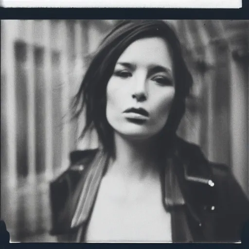 Image similar to a beautiful instant photograph of a woman smoking in the streets, polaroid, rule of thirds, light leak, raw, black clothing