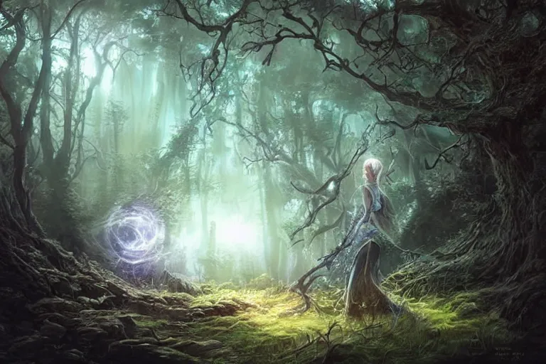 Image similar to an old elven wood, a view to an eerie fantasy world, glowing orbs, ethereal back light, mist, coherent composition, detailed fantasy painting by artgerm, noriyoshi ohrai, yuumei