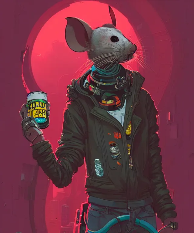 Image similar to a portrait of an anthropomorphic cyberpunk mouse holding a can of beer, cyberpunk!, fantasy, elegant, digital painting, artstation, concept art, matte, sharp focus, illustration, art by josan gonzalez