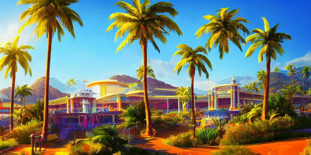 Prompt: a casino on a hill, 3 palmtrees, brightly illuminated by rays of sun, artstation, colorful sylvain sarrailh illustration