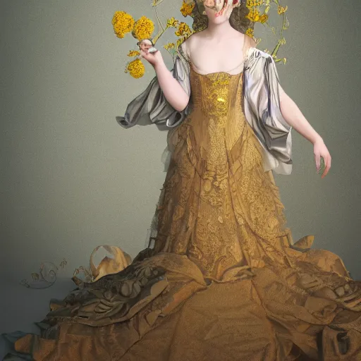 Prompt: 8k, octane render, realism, tonalism, renaissance, rococo, baroque, portrait of a young lady wearing long manga dress with flowers and skulls, background chaotic gold leaf flowers