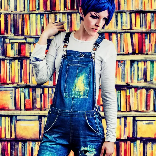 Image similar to full body pose, beautiful adult woman, short white hair shaved sides, dirty, grungy, grunge, long sleeve, painted overalls, stacks of giant books, highly detailed, 4 k, hdr, smooth, sharp focus, high resolution, award - winning photo, artgerm, photorealistic