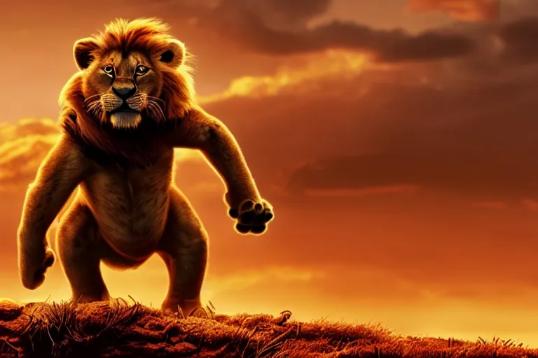 Image similar to simba ( from the lion king ), heavily armed and armored facing down armageddon in a dark and gritty version from the makers of mad max : fury road : witness me