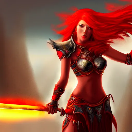 Image similar to fantasy concept art, winged! red hair woman!! flaming sword!!! ( ( ( plate armor ) ) ) ( ( ( ( devilish smile ) ) ) ), 4 k, painting