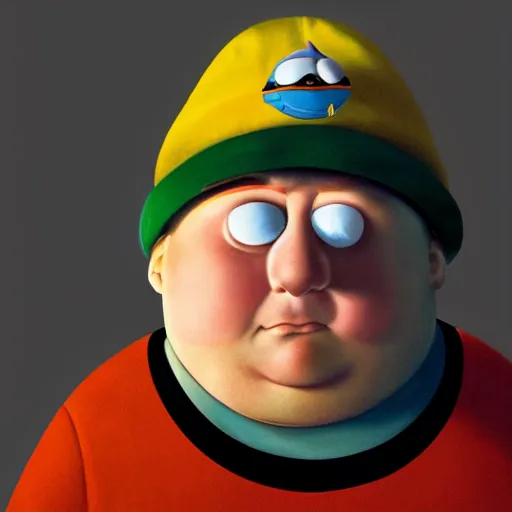 Image similar to hyperrealistic mixed media image of eric cartman, inspired by thomas eakes & greg rutkowski & xiang duan, perfect facial symmetry, dim volumetric lighting, 8 k octane beautifully detailed render, post - processing, extremely hyper - detailed, intricate, epic composition, lifelike attributes, cinematic lighting, masterpiece, trending on artstation, very very detailed, stunning,