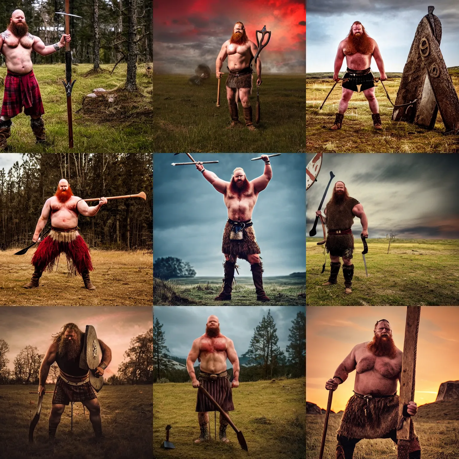 Prompt: viking strongman standing alone in the middle of a battlefield, two axes in hand, big bushy red mane, red beard, shirtless, dusk and arrows in the ground.