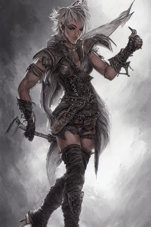 Prompt: asian - looking rogue dnd fantasy character wearing a vest and high boots single character concept art digital art medium shot highly detailed sharp focus photorealistic illustration wlop luis royo 1 2 3 4