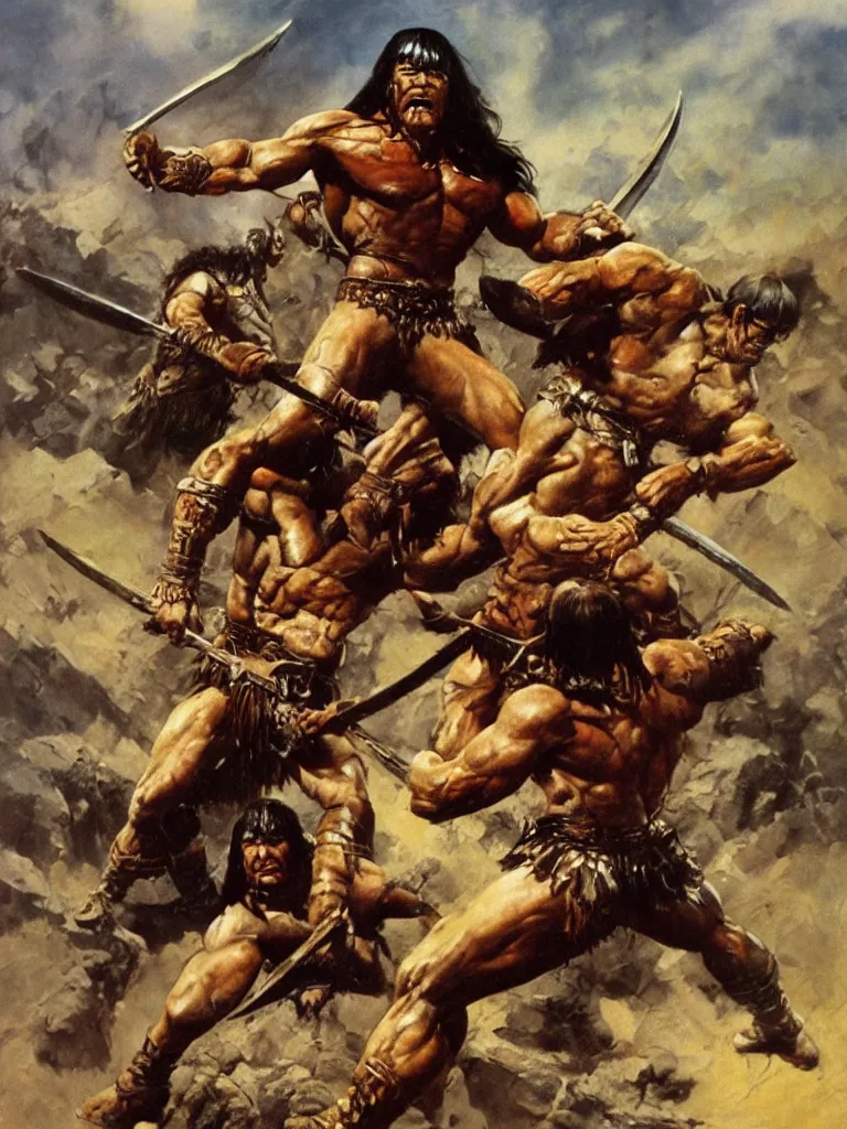 Image similar to Conan the Barbarian in battle by Frank Frazetta, oil painting, detailed, proportional, trending on art station, 4k