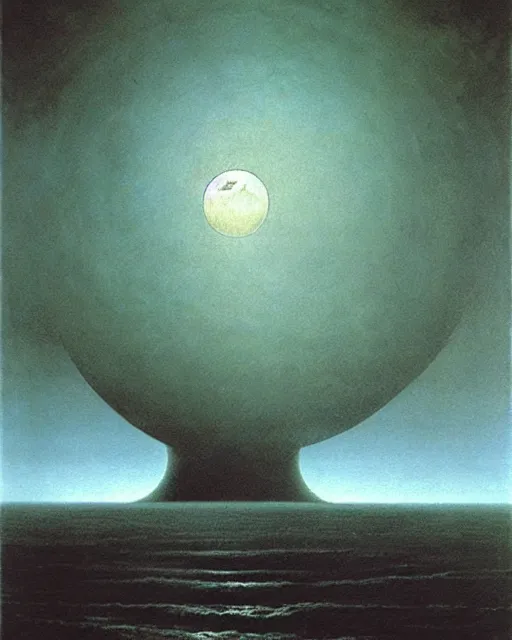 Prompt: beksinski painting. moon fall over the ocean by zdzislaw beksinski, oil on canvas