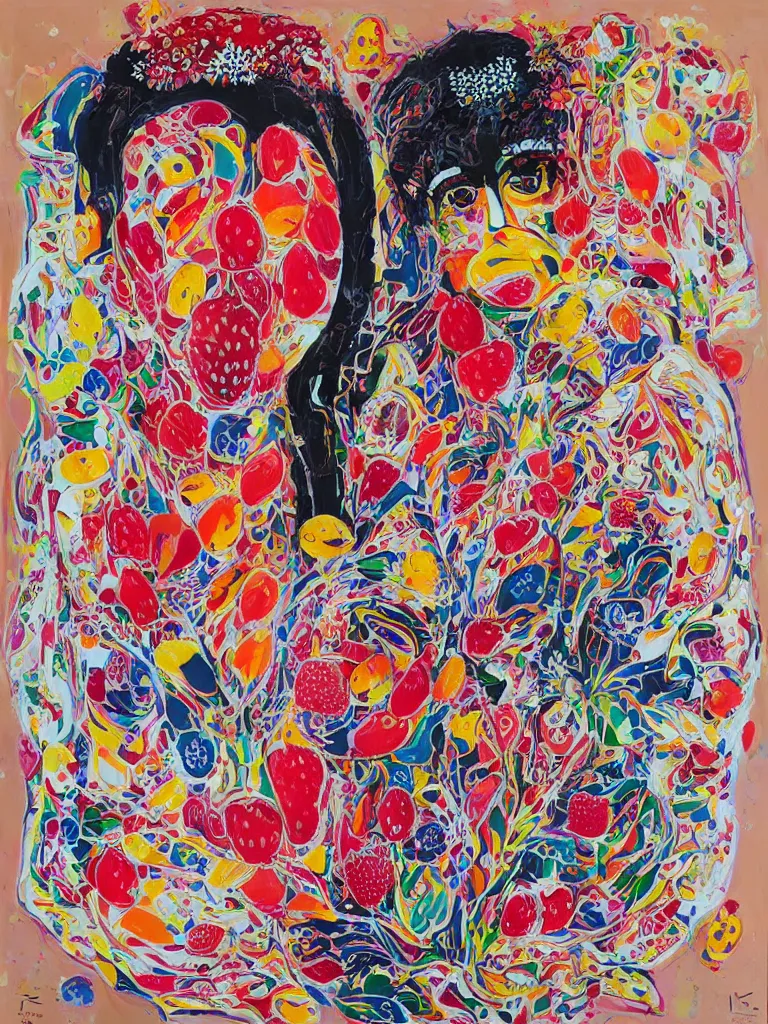 Image similar to “art in an Australian artist’s apartment, portrait of a woman wearing white cotton cloth, eating luscious fresh raspberries and strawberries and blueberries, edible flowers, black background, aboriginal and Japanese style, Dreamtime, Eora, Gadigal, intricate, bold colour, acrylic and spray paint and wax and oilstick on canvas”