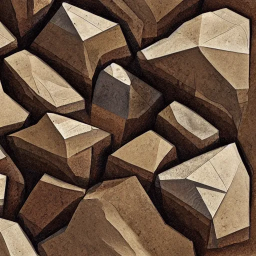 Image similar to masterpiece abstract intricate painting of detailed multiple layers of rocky material along a planer surface. highly geometric with loose sketch lines slanting down. isometric angles. beautiful use of light and shadow to create a sense of a stony landscape. using architectural brushwork and a rich earthy color palette, providing a mathematical rough sketchy look.