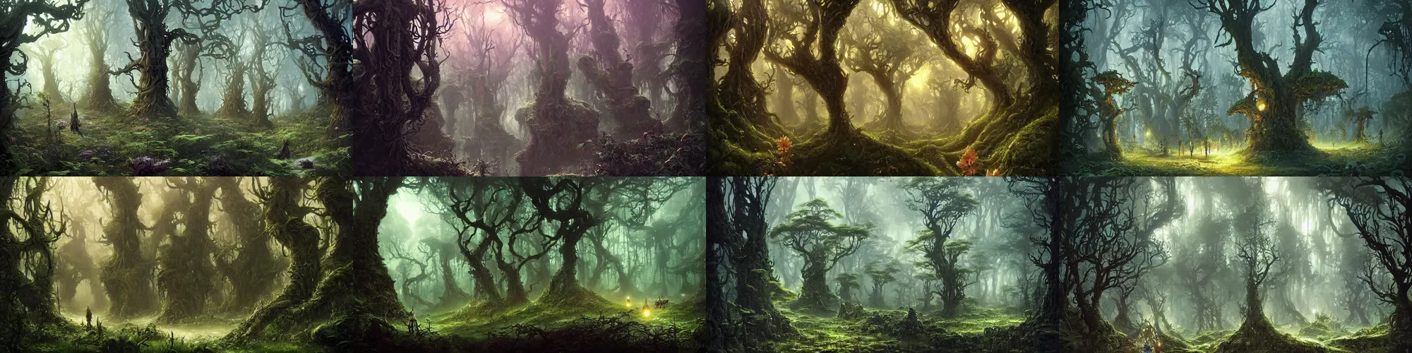 Prompt: enchanted magical fantasy forest, twisting trees, thick bushes, spike - like branches, dark atmosphere by andreas rocha and stephan martiniere