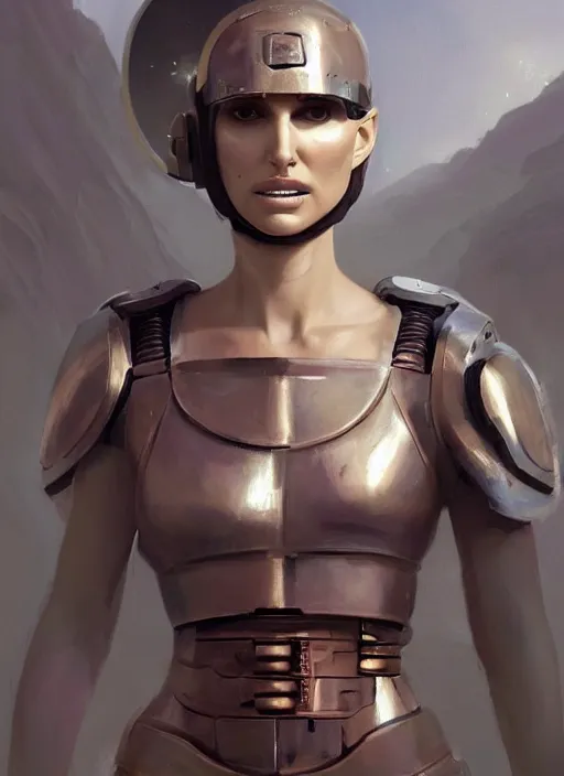 Image similar to a digital painting of Natalie Portman as a cyborg wearing a roman soldier outfit, by netter, style from greg rutkowski, beautiful eyes, long hair, full frame, oil painting, featured on artstation, concept art, smooth, sharp focus, illustration, very detailed, ambient lighting, unreal engine render, concept art by Atey Ghailan, by Loish, by Bryan Lee O'Malley