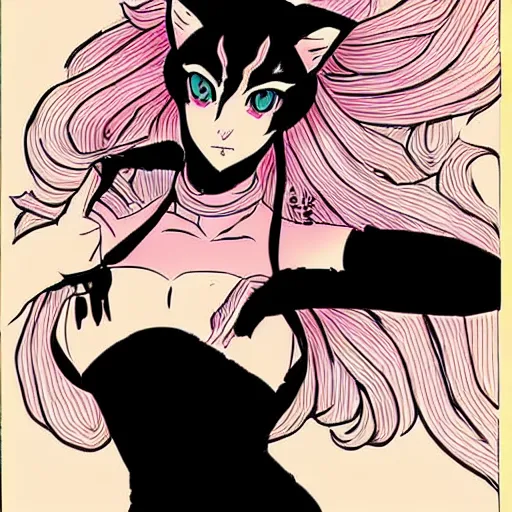 Prompt: catgirl drawn in the style of Hirohiko Araki, coloured, impressive line work,