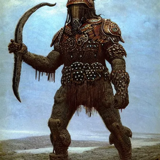 Prompt: mammoth rider concept art, clad in ancient norse armor, beksinski