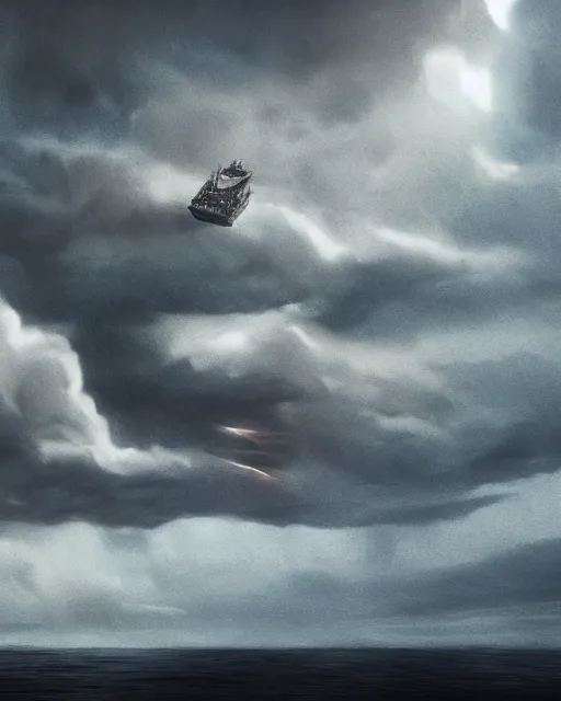 Image similar to establishing shot of a fishing boat on stormy seas, a gigantic star destroyer spaceship in the storm clouds flying overhead, star destroyer spaceship is emerging from storm clouds, stormy weather, dramatic lighting, unreal engine, hyper realism, realistic shading, cinematic composition, realistic render, octane render, detailed textures, photorealistic, ultrawide shot, 16mm lens