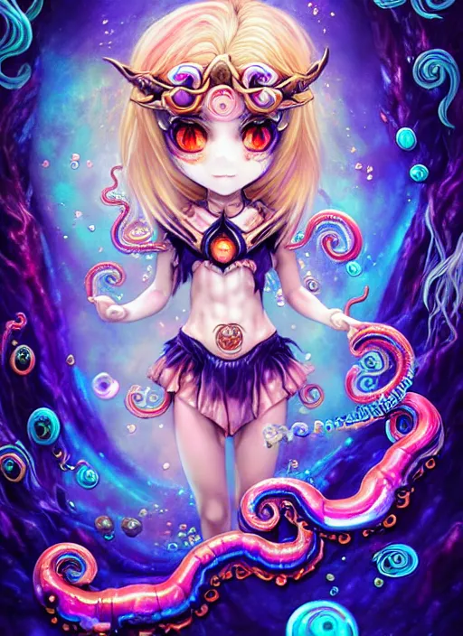 Prompt: A full shot of a chibi girl from the Abyss covered in opals and oil. Symmetrical. Underwater. Dark foreboding Atmosphere. Sailor Moon. Tentacles. Kawaii. Rainbows. Demon Horns, Angel Wings, By Lisa Frank and HR Giger and Ross Tran and ArtGerm and WLOP. Key Art. Fantasy Illustration. award winning, Artstation, intricate details, realistic, Hyperdetailed, 8k resolution. Photoreal. Octane Render.