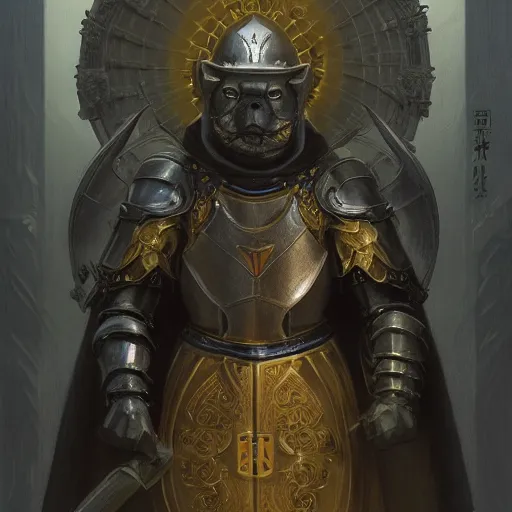 Image similar to holy knight black armor, anthropomorphic shiba inu, shiba inu face, stuning 3 d render, masterpiece, glowing holy aura, by donato giancola and greg rutkowski and wayne barlow and zdzisław beksinski, realistic face