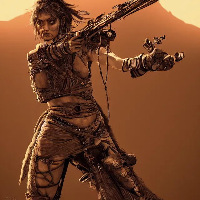 Image similar to woman warrior from mad max, sunny desert, gorgeous, elegant, young gravure idol, an ultrafine hyperdetailed illustration by kim jung gi, irakli nadar, intricate linework, bright colors, unreal engine 5 highly rendered, global illumination, radiant light, detailed and intricate environment