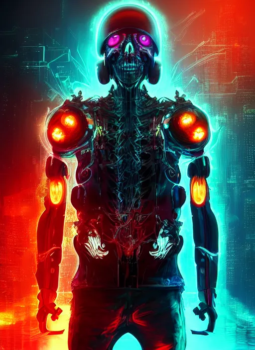 Image similar to a futuristic skull with glowing eyes and a flame fire background, cyberpunk art by android jones, behance contest winner, computer art, darksynth, synthwave, rendered in cinema 4 d