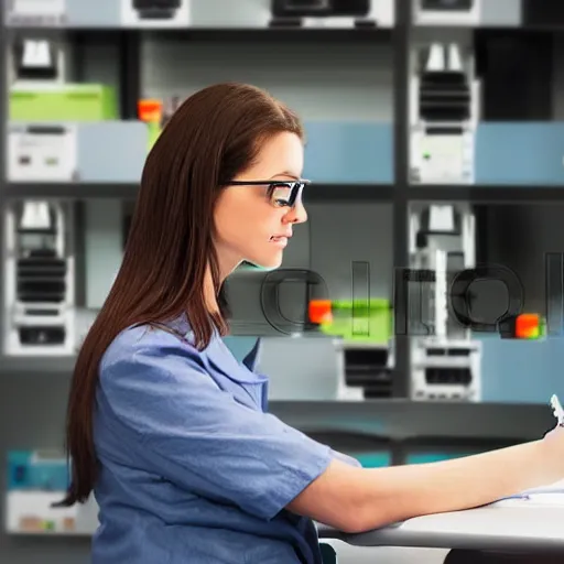 Prompt: professional stock photo of a scientist in a computer lab, holding a test tube and looking at it