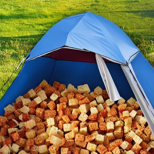 Prompt: box of croutons next to tent, 4k realistic photo