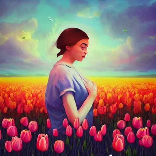 Prompt: large tulip face, girl frontal in a flower field, surreal photography, sunrise dramatic light, impressionist painting, colorful clouds, digital painting, artstation, simon stalenhag, flower face