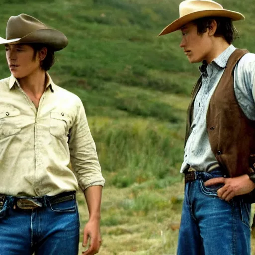 Image similar to a romantic scene from brokeback mountain starring josh hartnett as ennis del mar and heath ledger as jack twist