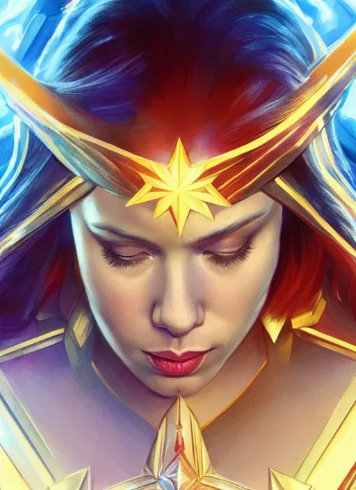 Image similar to Scarlett Johansson as Captain Marvel, fantasy, intricate, elegant, highly detailed, digital painting, artstation, concept art, smooth, sharp focus, illustration, art by artgerm and greg rutkowski and alphonse mucha